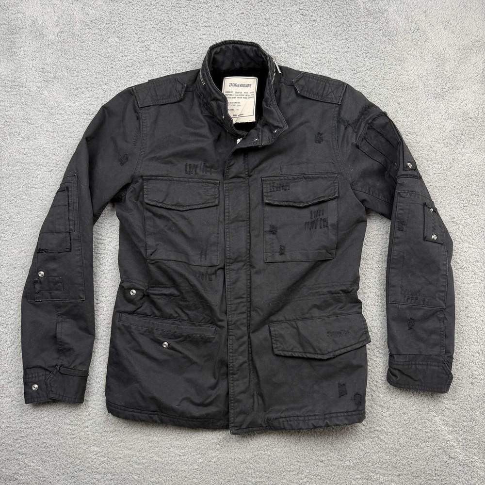 Zadig & Voltaire Military Field Jacket Mens M Black Distressed Utility Cargo Fur